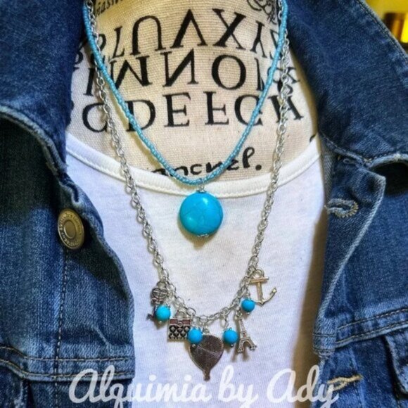 Turquoise beaded layered multi charms statement necklace - Picture 2 of 2